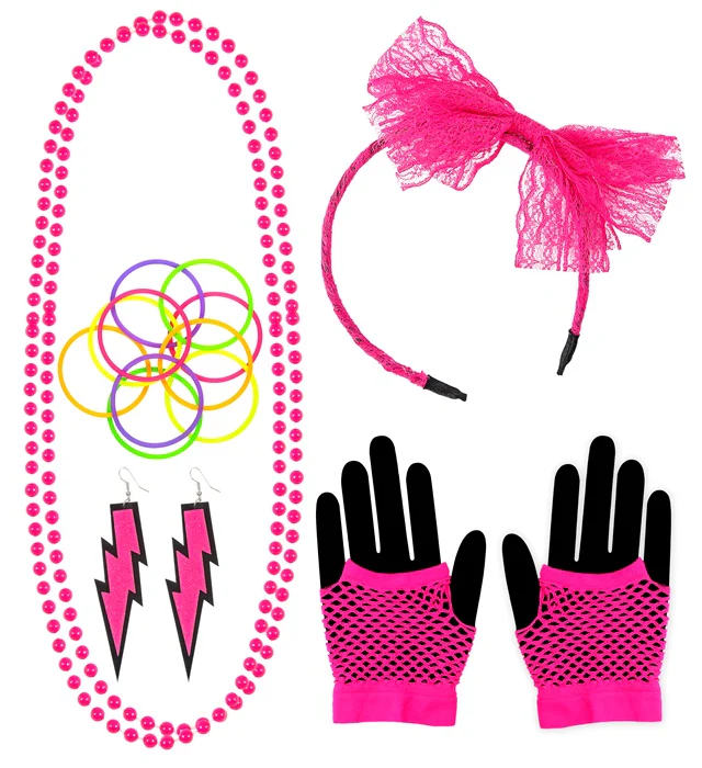 Neon Pink 80s Headband Necklace Earrings Gloves and Bracelets Set - Image 2