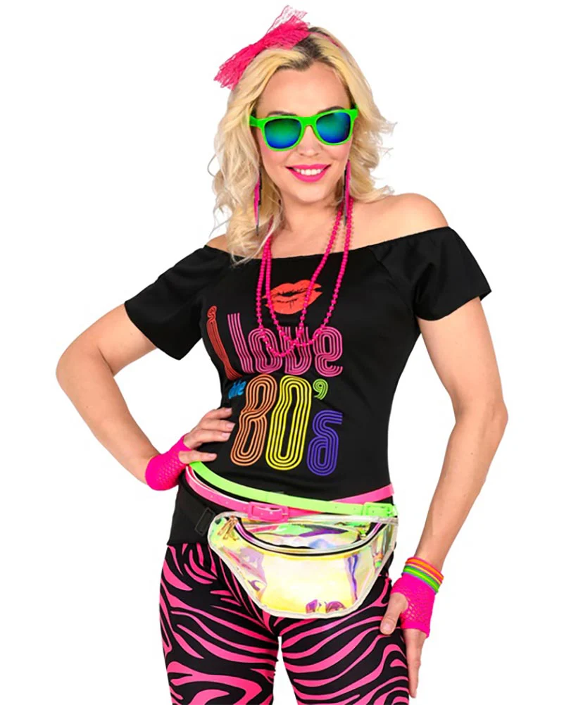 Neon Pink 80s Headband Necklace Earrings Gloves and Bracelets Set - Image 3