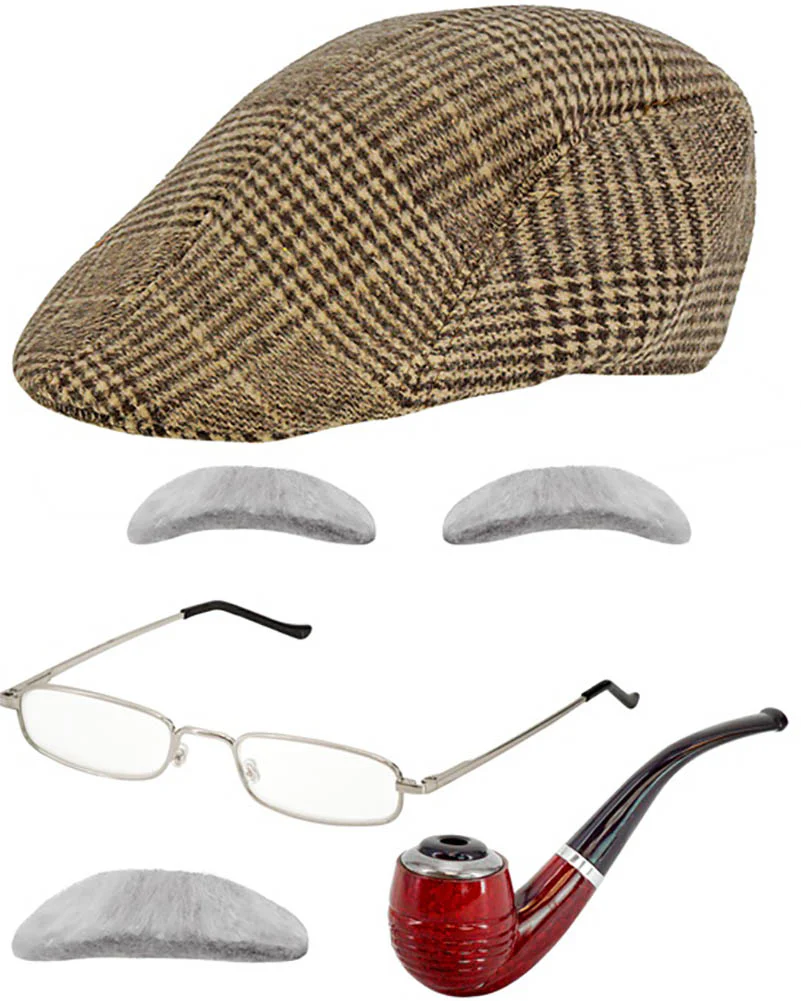 Old Man Coppola Cap Eyebrows Moustache Glasses and Pipe Set - Image 2