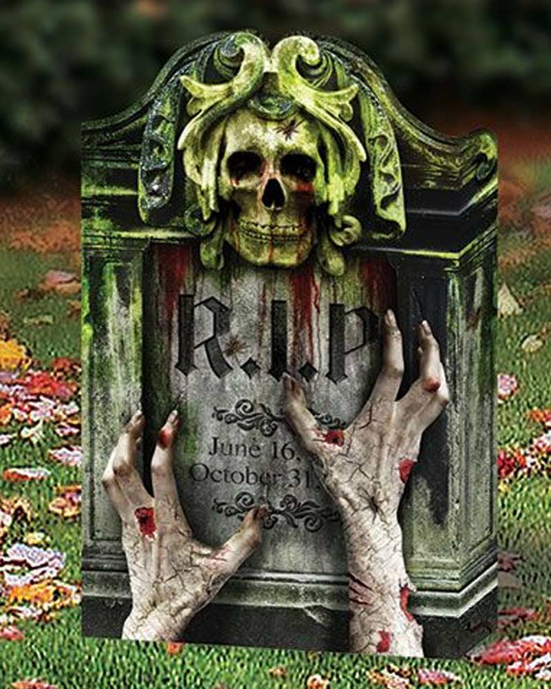 PhotoReal Skull and Hands Green Folding Tombstone 56cm - Image 2