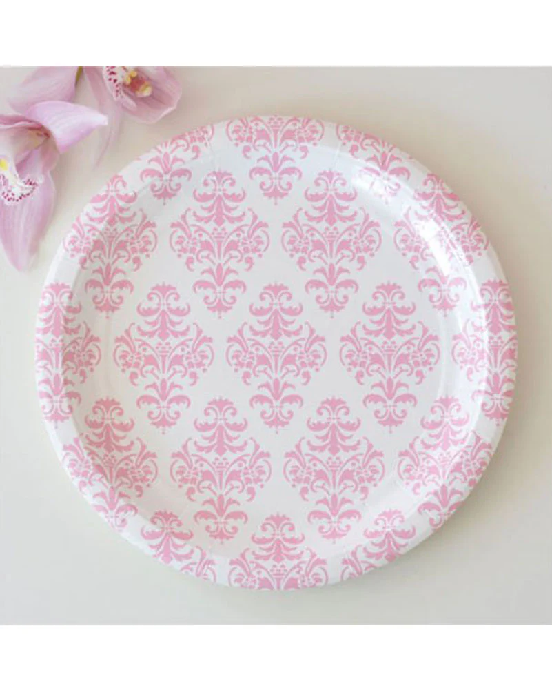 Pink Damask 23cm Paper Plates Pack of 12