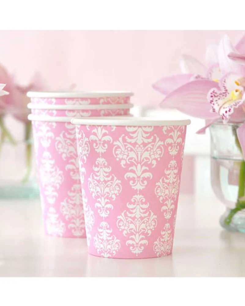 Pink Damask 300ml Paper Cups Pack of 12 - Image 2