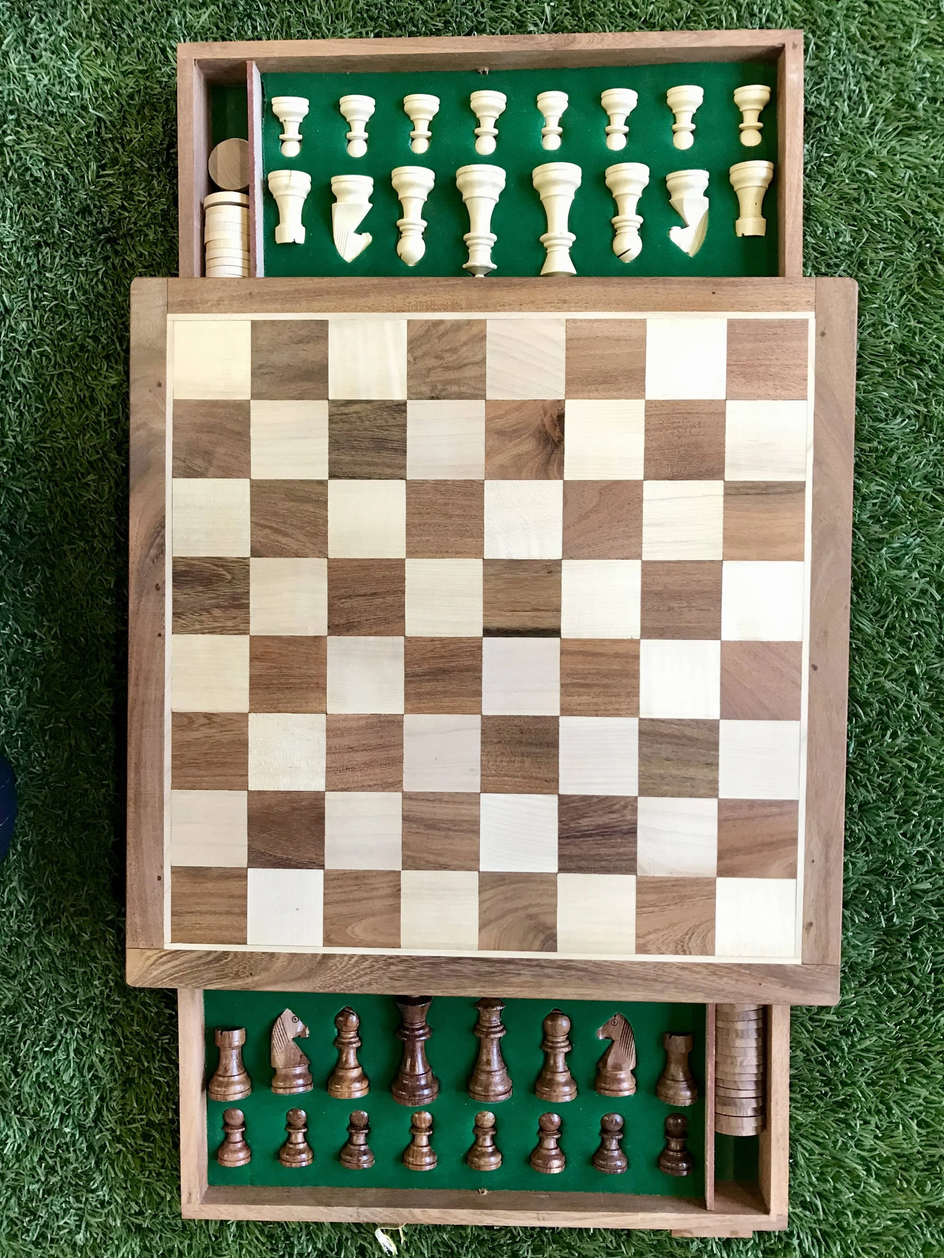 Portable Carved Wooden Chess and Checker Board Set - Image 2