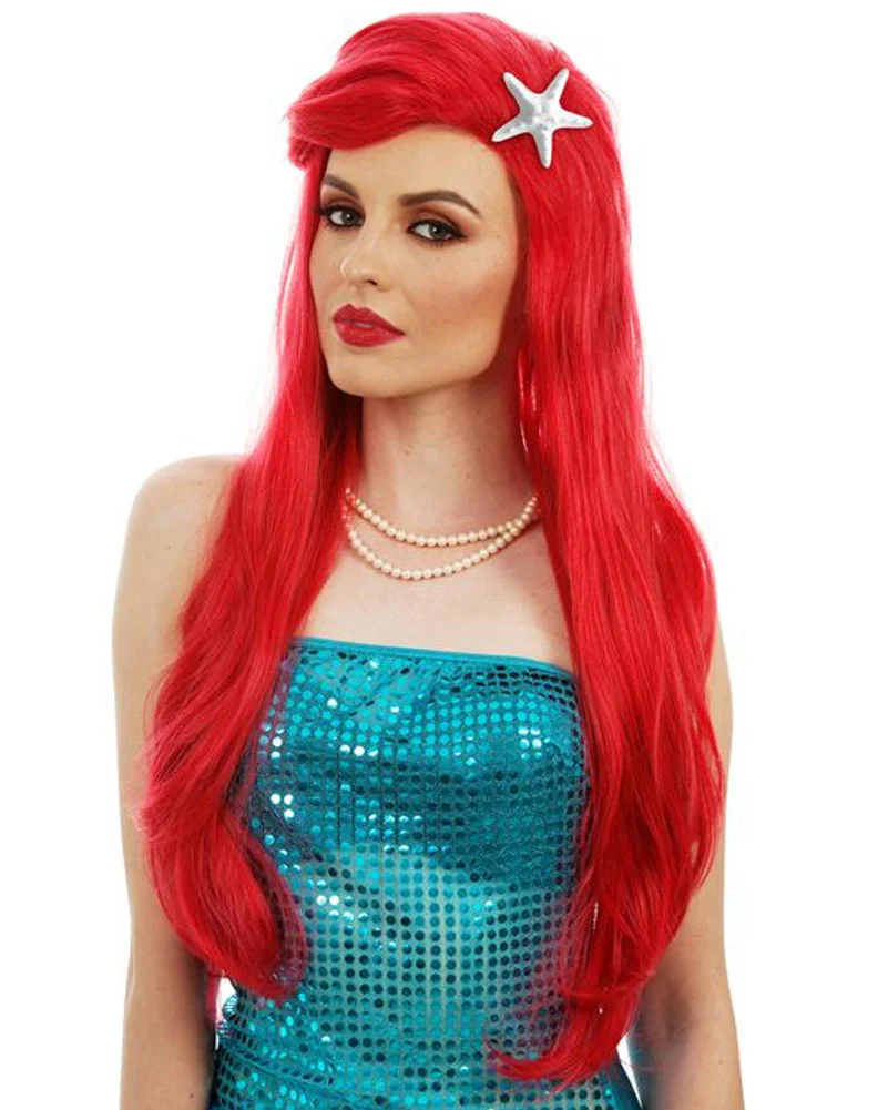 Premium Mermaid Long Red Wig with Starfish Hair Clip