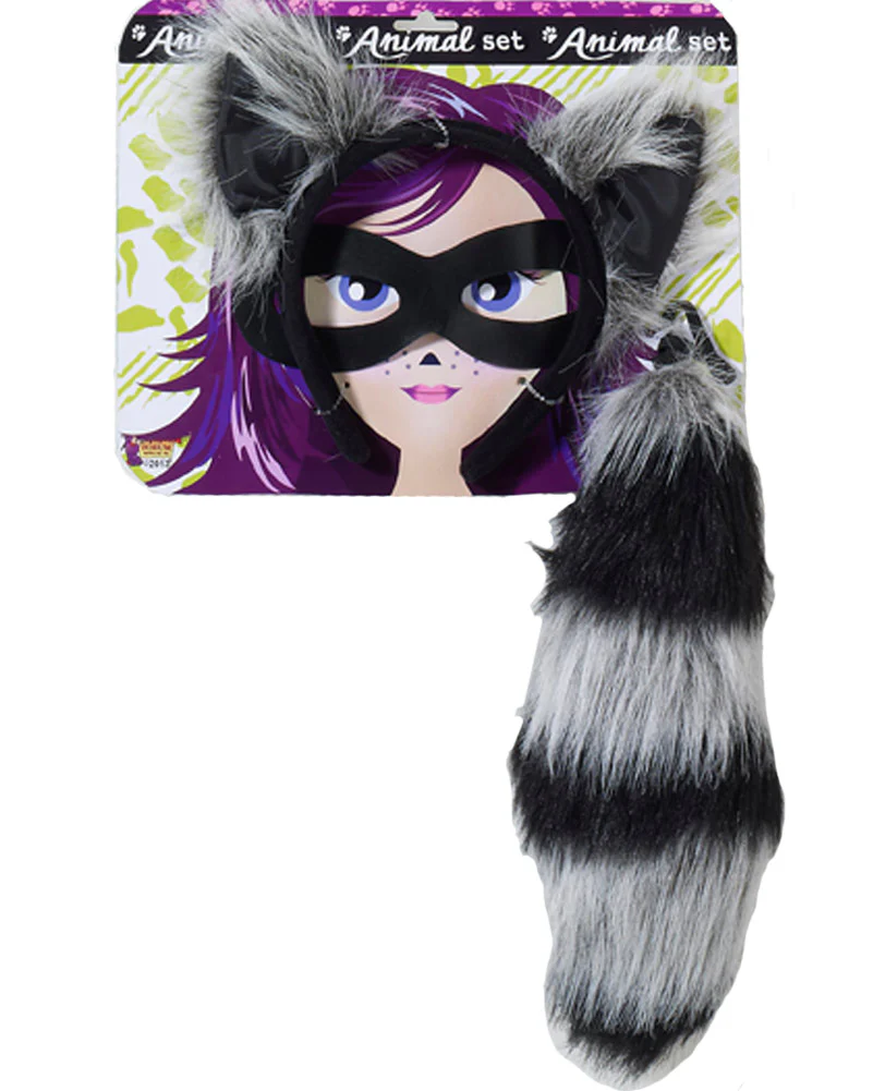 Raccoon Headband Tail and Eye Mask Set