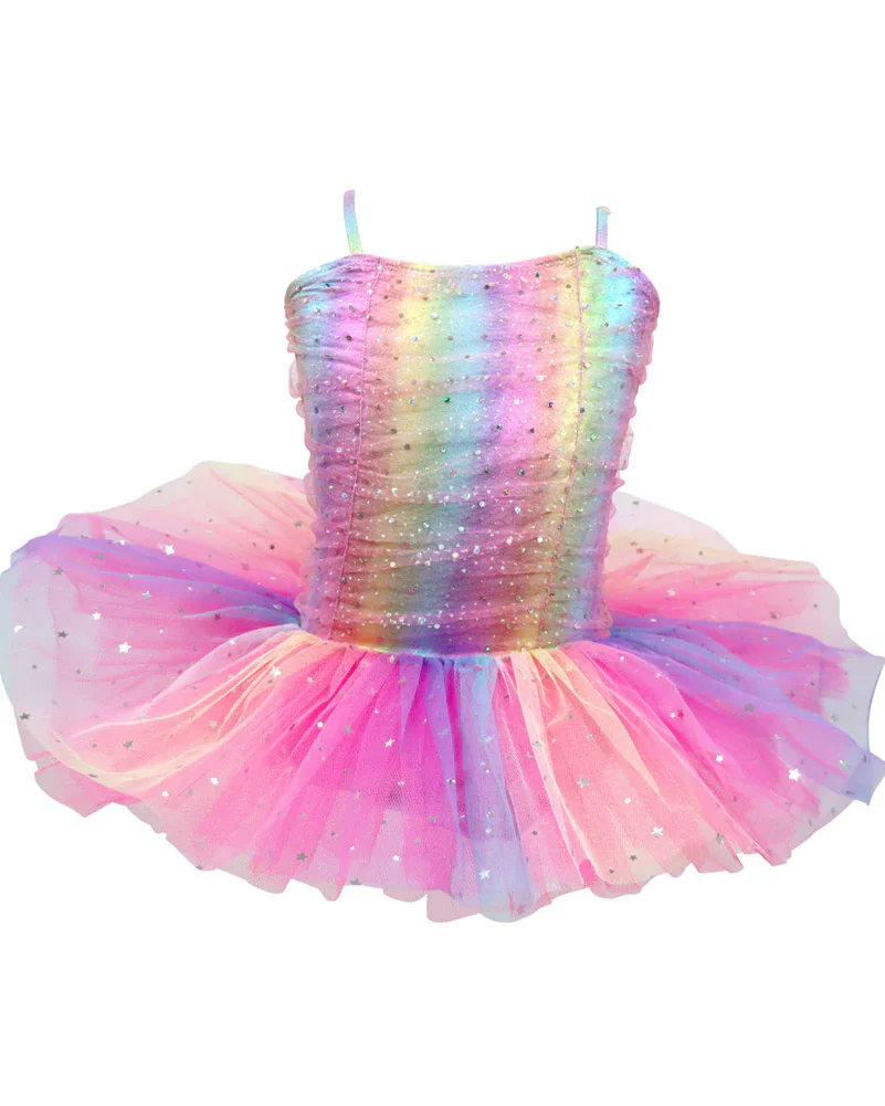 Rainbow Ruched Sparkle Ballet Tutu Dress Girls Costume