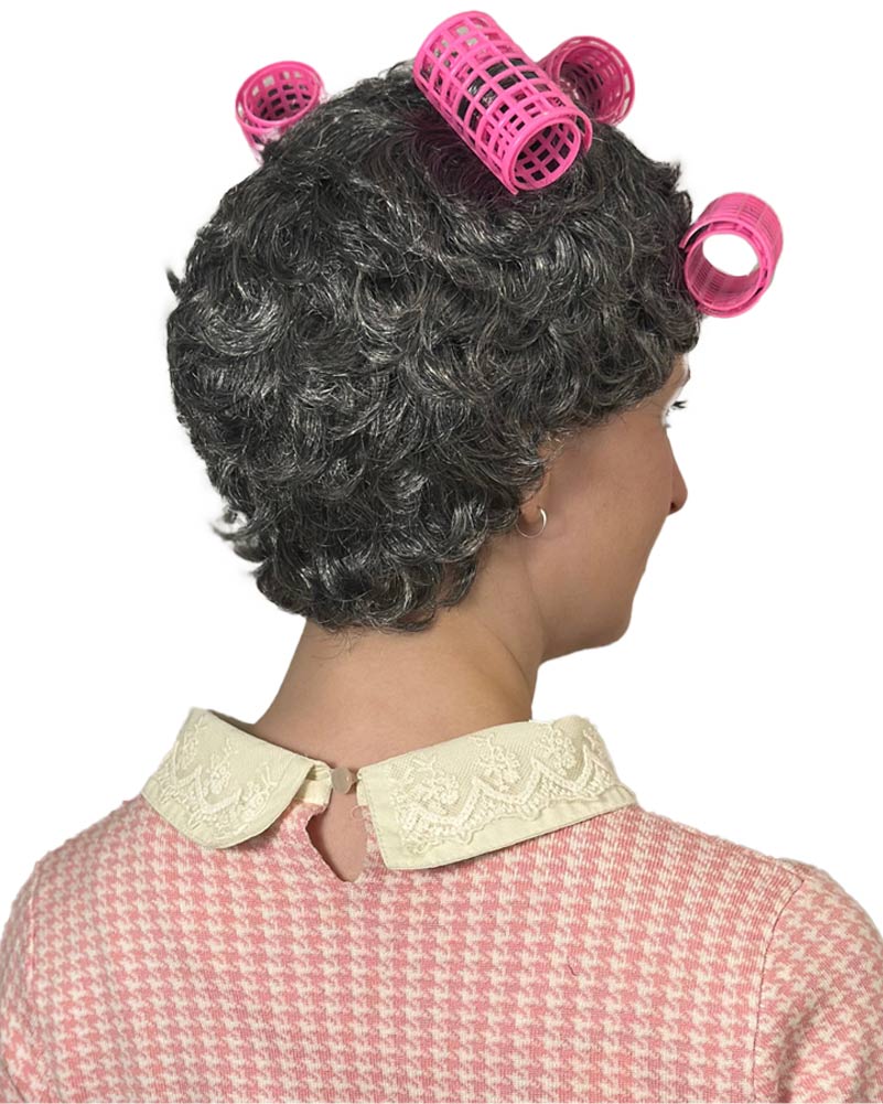 Retro Housewife Short Grey Wig with Curlers - Image 3