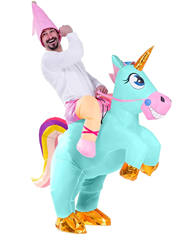 Ride On Blue Unicorn Inflatable Adults Costume - Image 3
