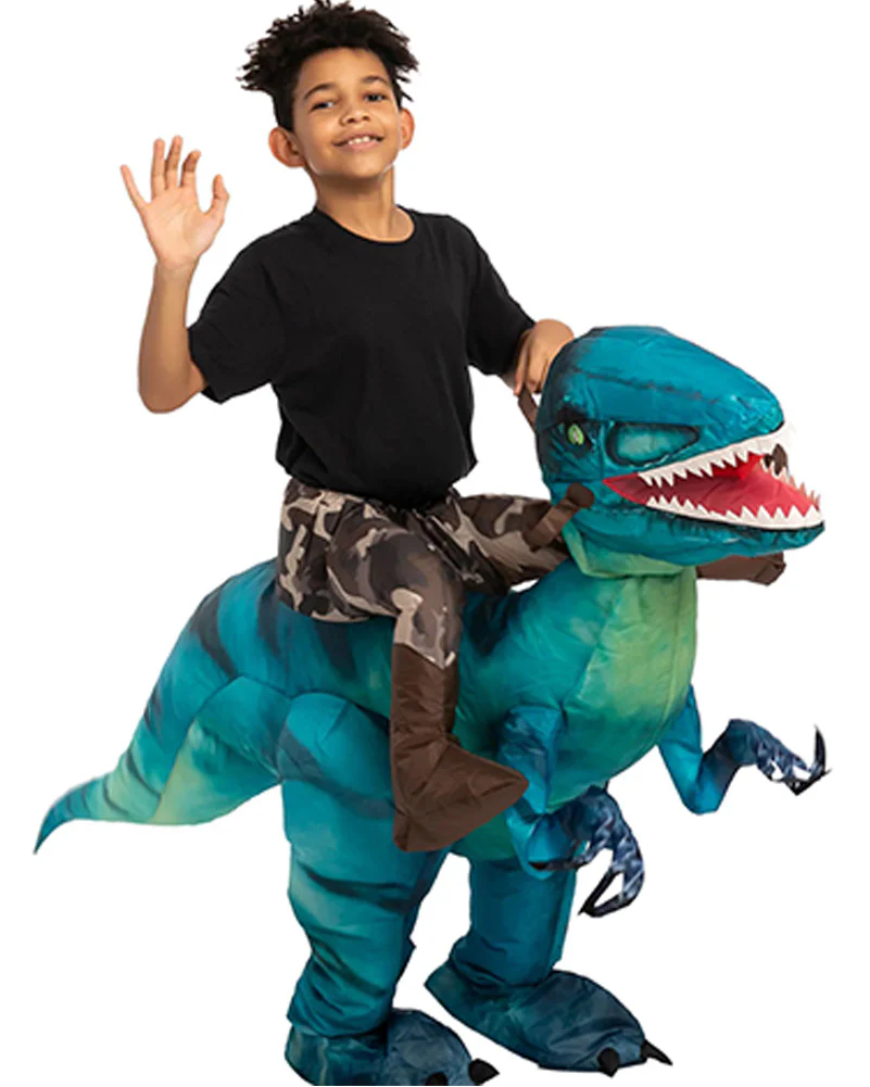 Riding A Blue Raptor Inflatable Kids Costume - Image 2
