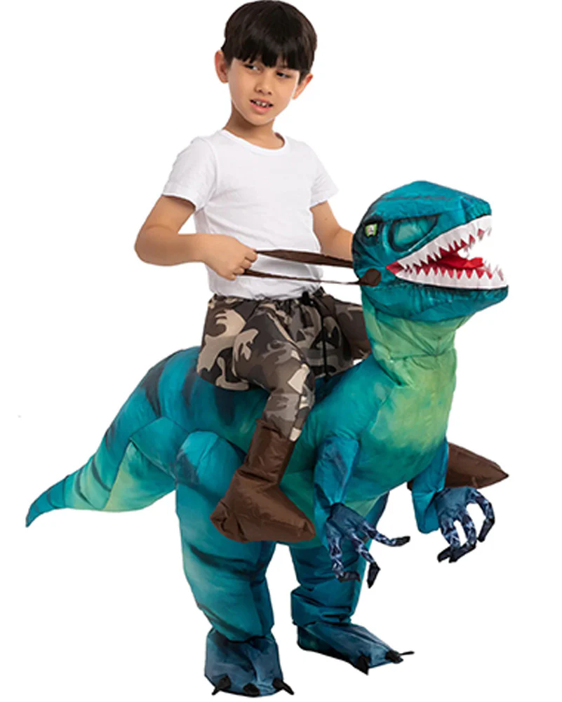Riding A Blue Raptor Inflatable Kids Costume - Image 3