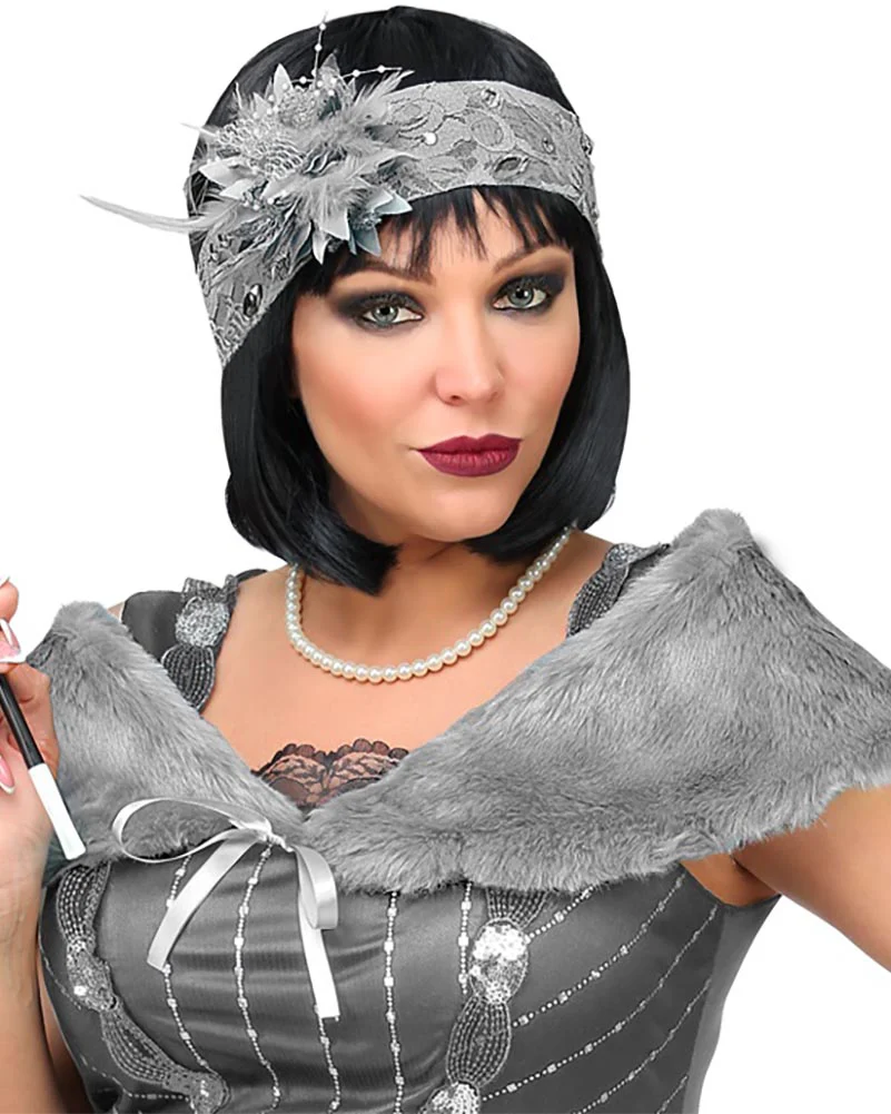 Roaring 20s Flapper Faux Fur Stole and Lace Headband - Image 3