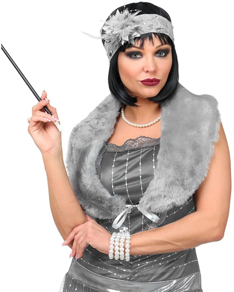 Roaring 20s Flapper Faux Fur Stole and Lace Headband - Image 4