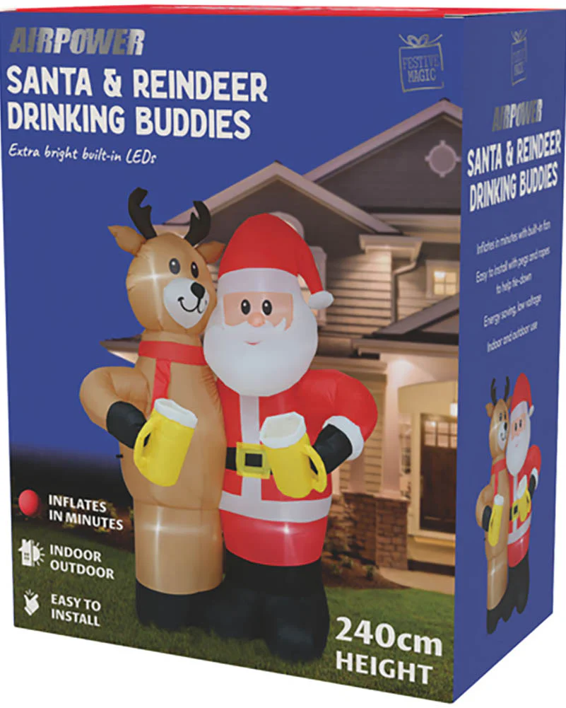 Santa and Reindeer Drinking Buddies Christmas Lawn Inflatable 2.4m - Image 3