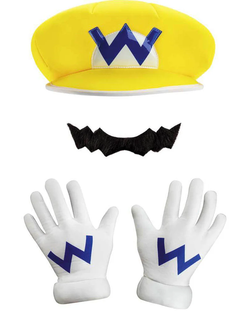 Super Mario Brothers Wario Adult Hat Gloves and Moustache Kit