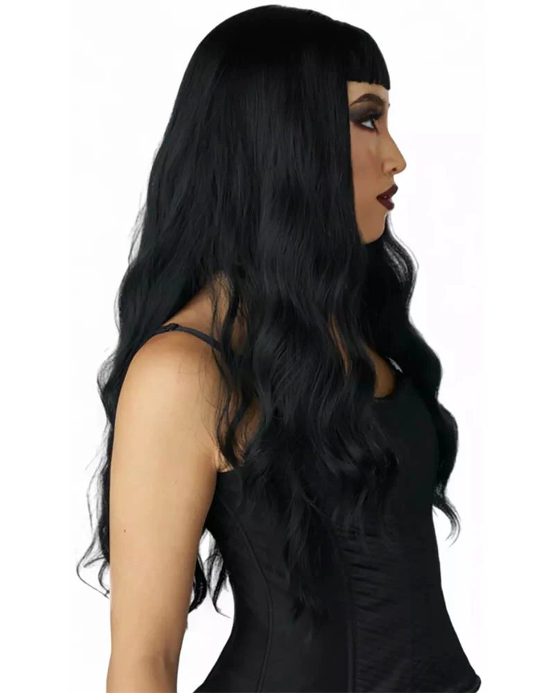 Trad Goth Long Black Wavy Wig with Micro Bangs - Image 3