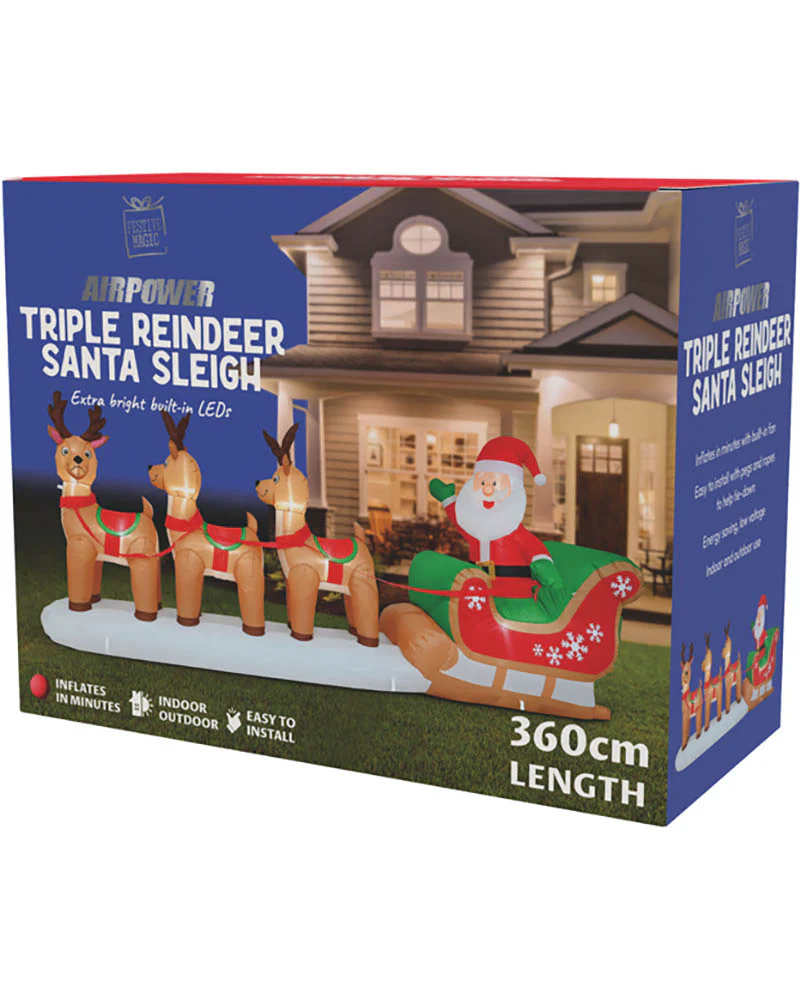 Triple Reindeer Santa Sleigh Christmas Lawn Inflatable 3.6m - Image 3