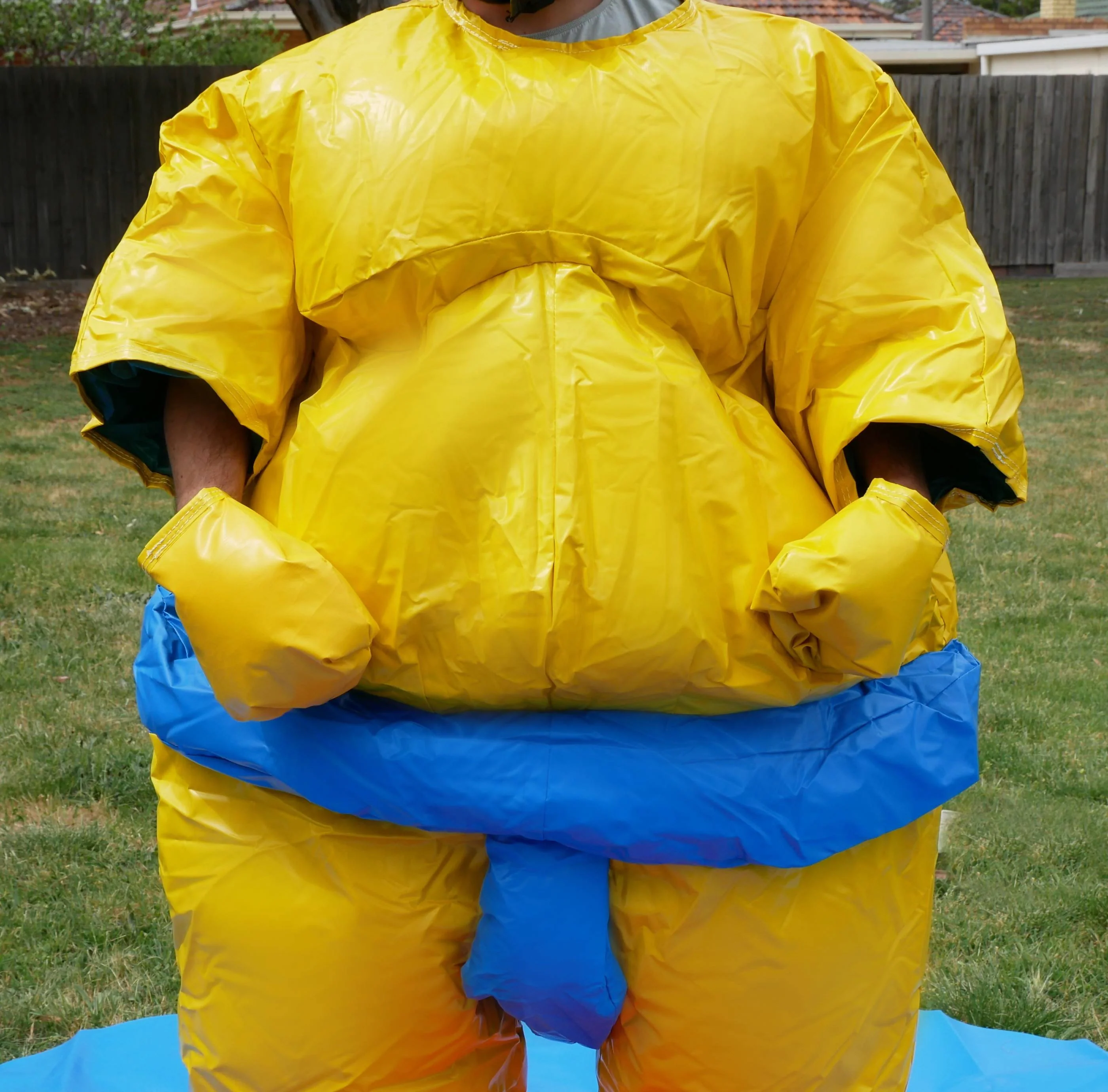 Two PVC and Fabric Adult Sumo Suits with Helmets Gloves and 291cm Mat - Image 6