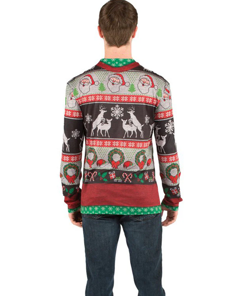 Ugly Frisky Deer Christmas Sweater Faux Real Mens T-Shirt - Image 2