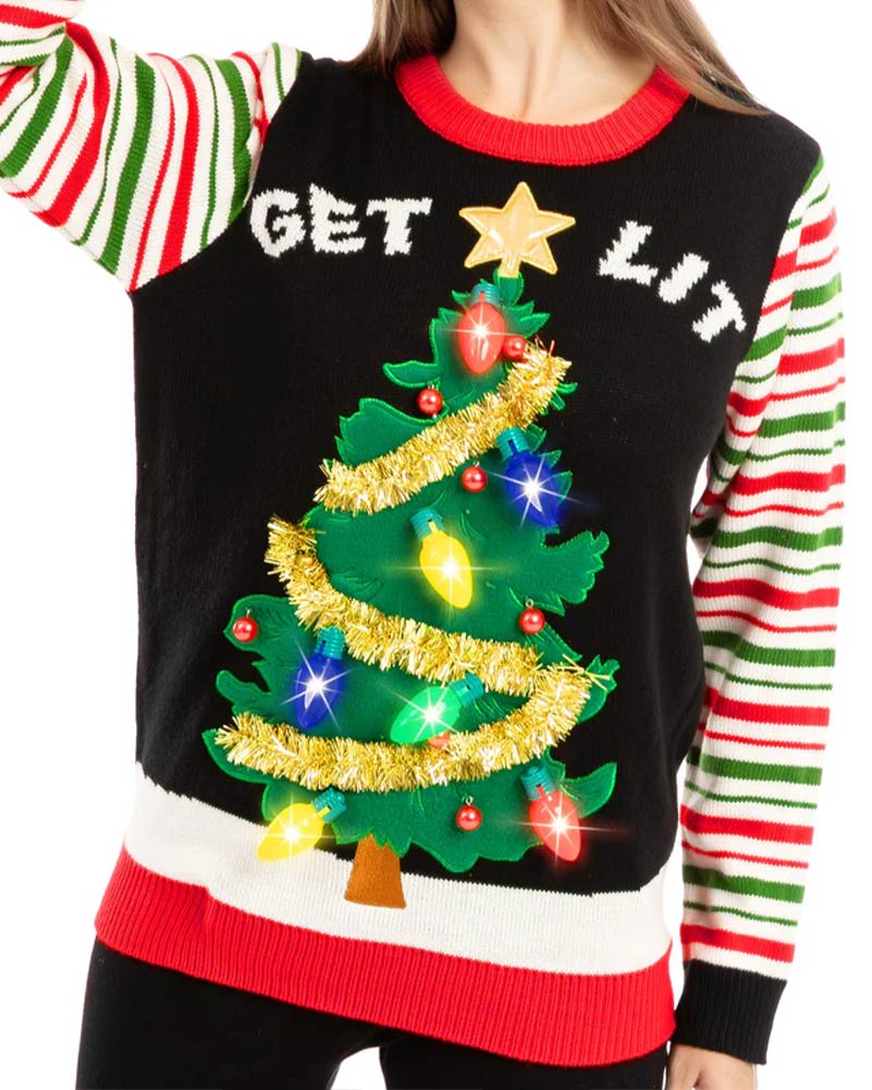 Ugly Get Lit Christmas Tree with Light Bulbs Deluxe Adult Sweater - Image 3