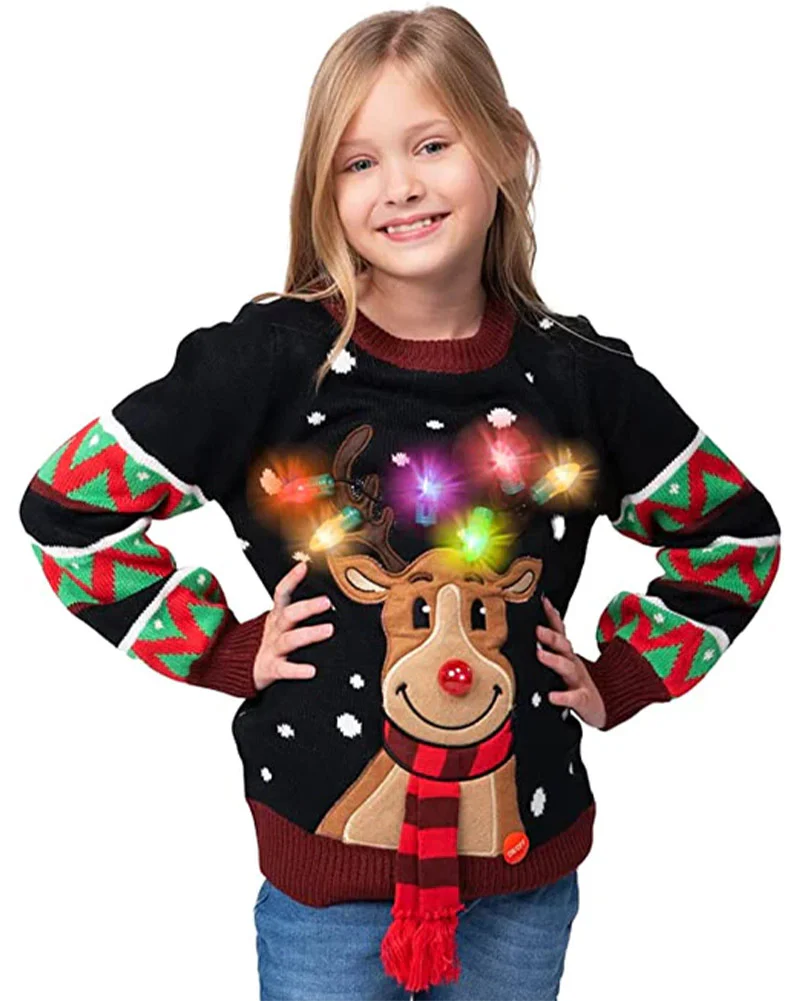 Ugly Reindeer Black with Light Bulbs Deluxe Kids Christmas Sweater - Image 3