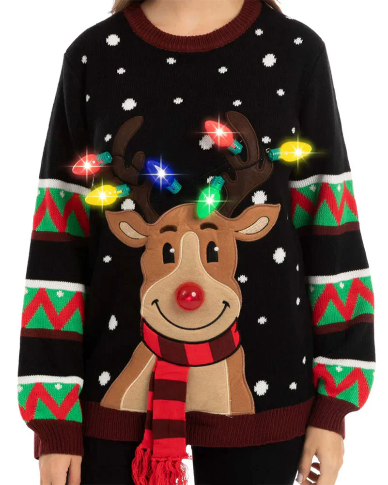 Ugly Reindeer with Light Bulbs Black Deluxe Adult Christmas Sweater - Image 2