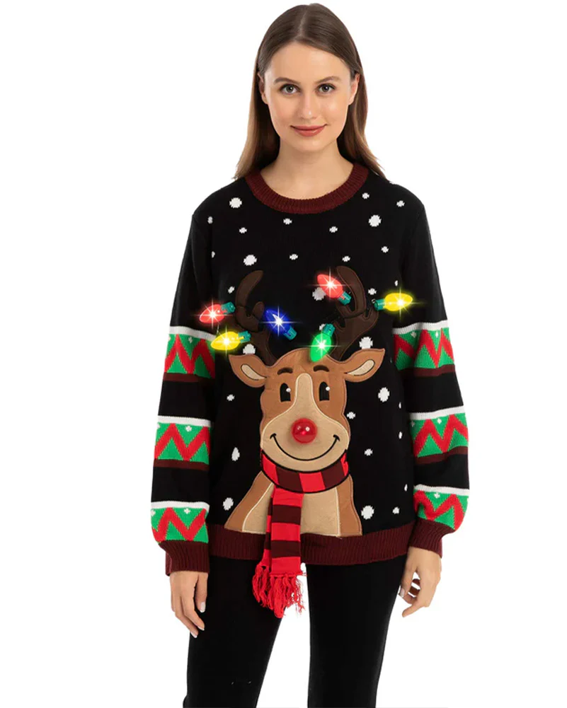 Ugly Reindeer with Light Bulbs Black Deluxe Adult Christmas Sweater - Image 3