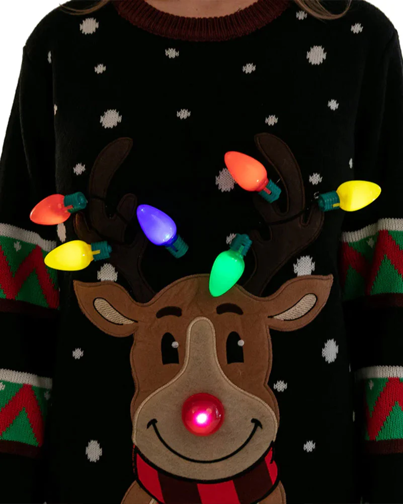 Ugly Reindeer with Light Bulbs Black Deluxe Adult Christmas Sweater - Image 4