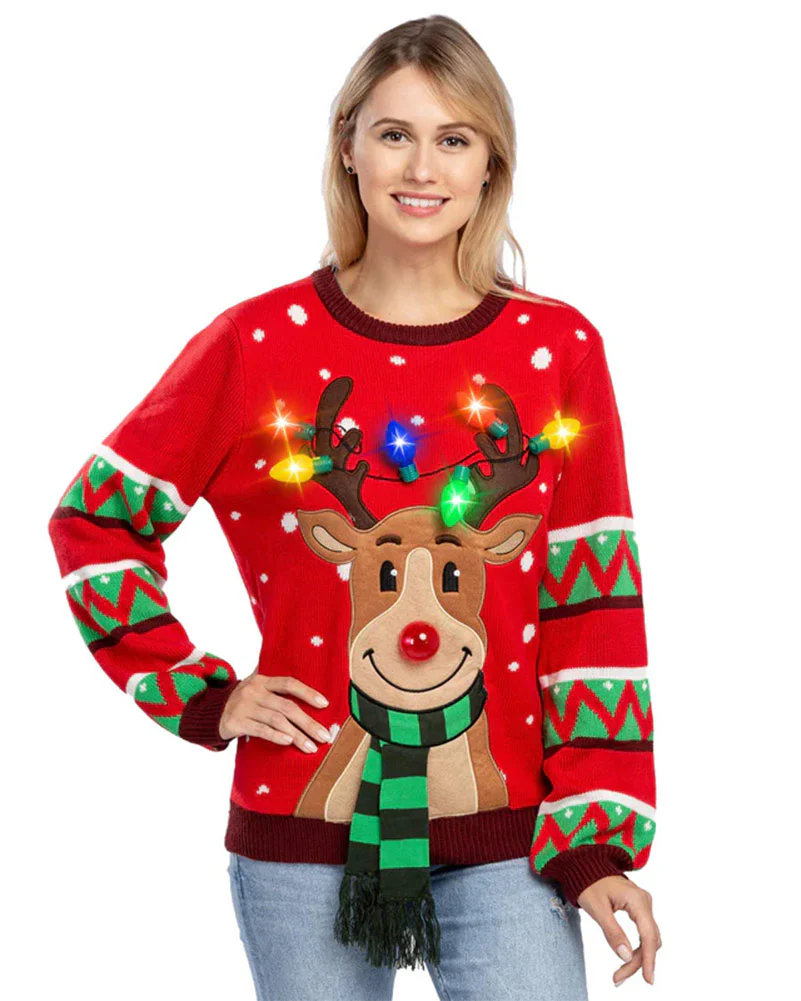 Ugly Reindeer with Light Bulbs Deluxe Adult Christmas Sweater