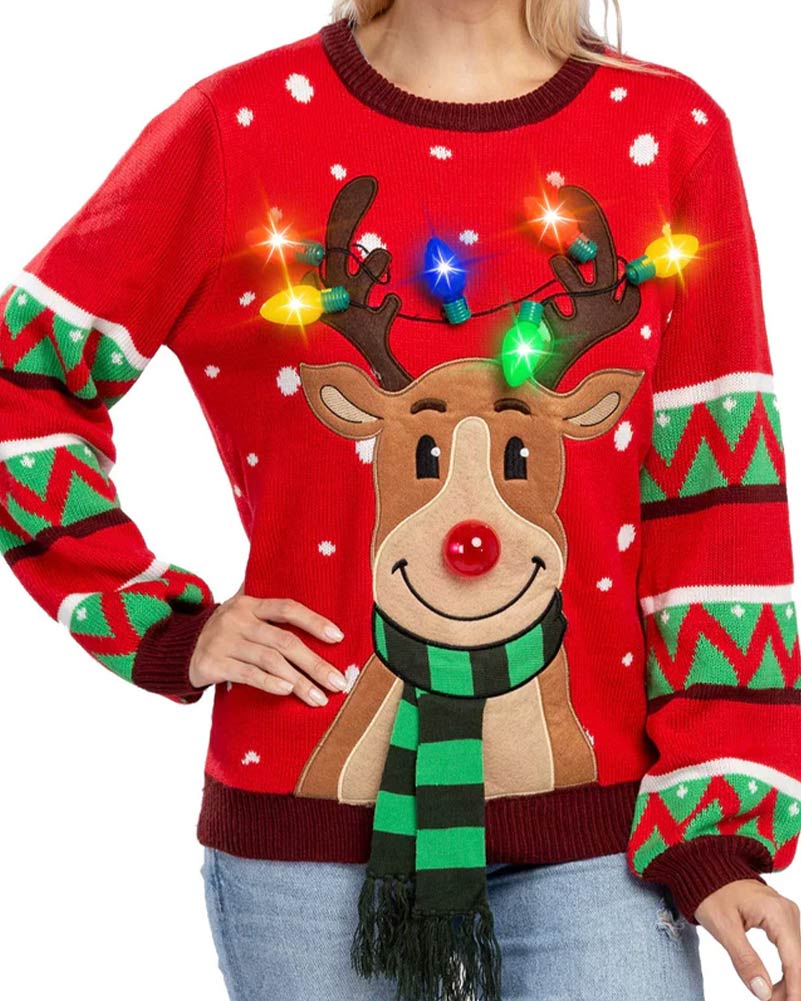 Ugly Reindeer with Light Bulbs Deluxe Adult Christmas Sweater - Image 3