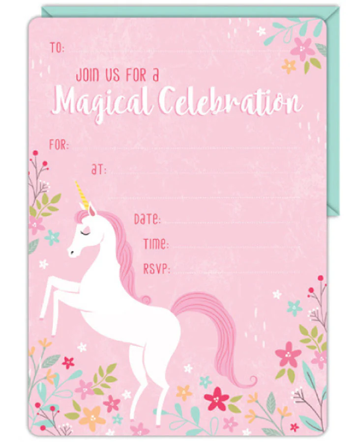Unicorn Party Invitation and Envelope Pack of 16