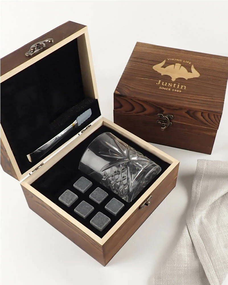 Viking Personalised Engraved Rustic Wooden Box Scotch Glass and Stone Set - Image 2