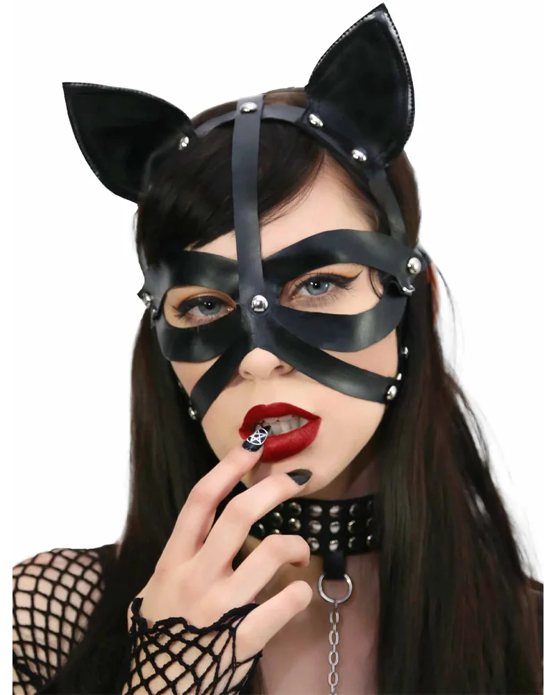 Wet Look Harness Cat Mask