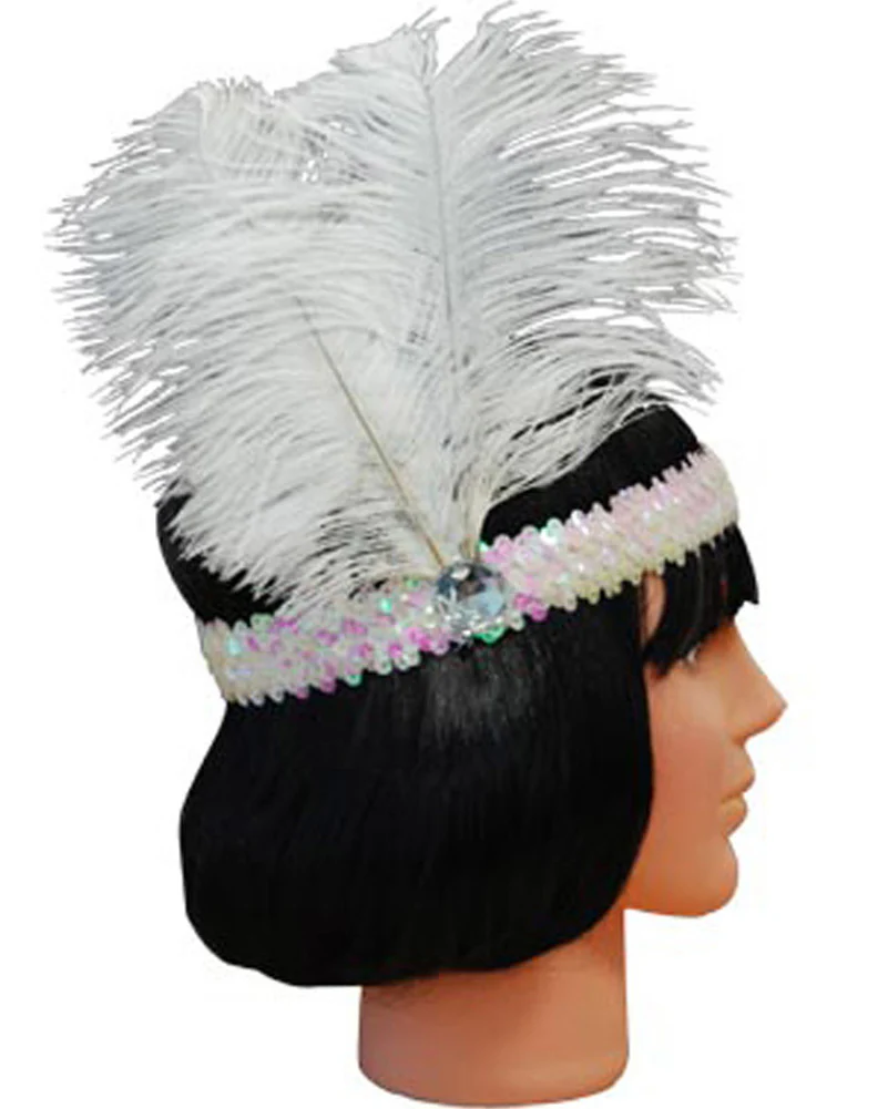 White 20s Sequin Feather Headband - Image 2