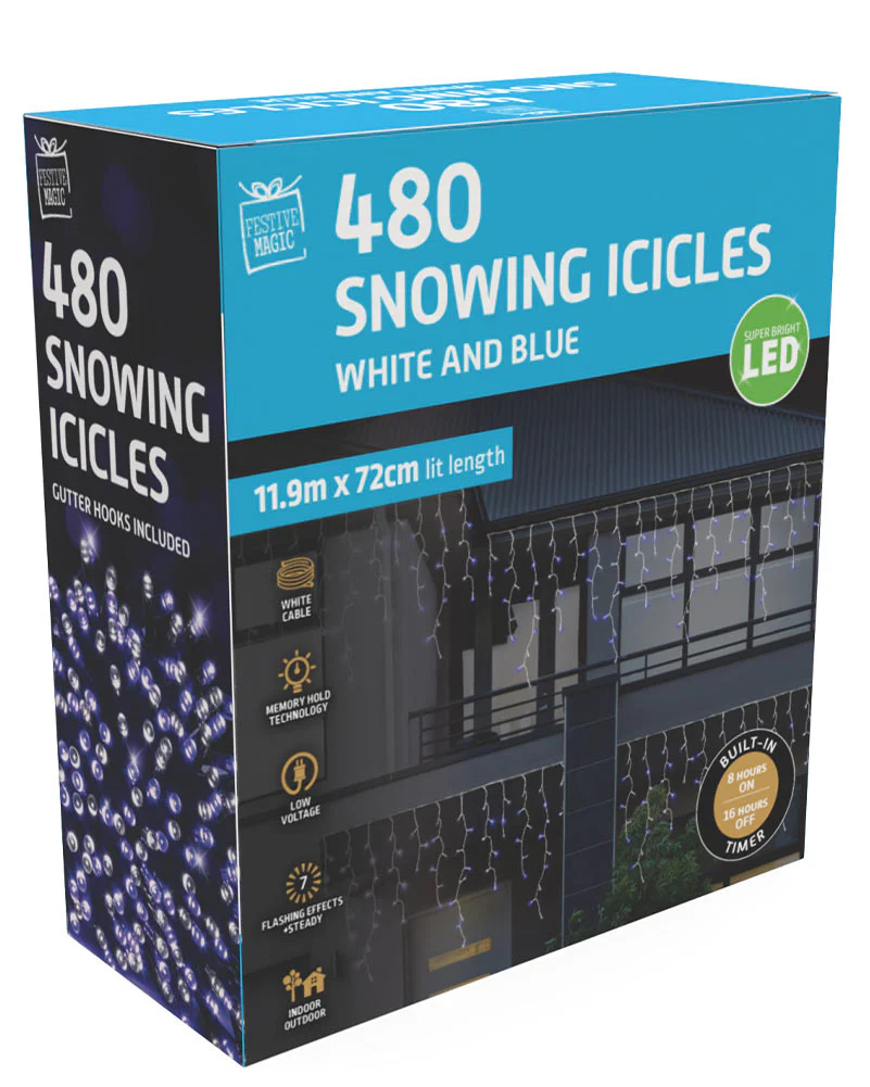 White Blue 480 Piece Christmas LED Snowing Icicle Lights 11.9m - Image 2