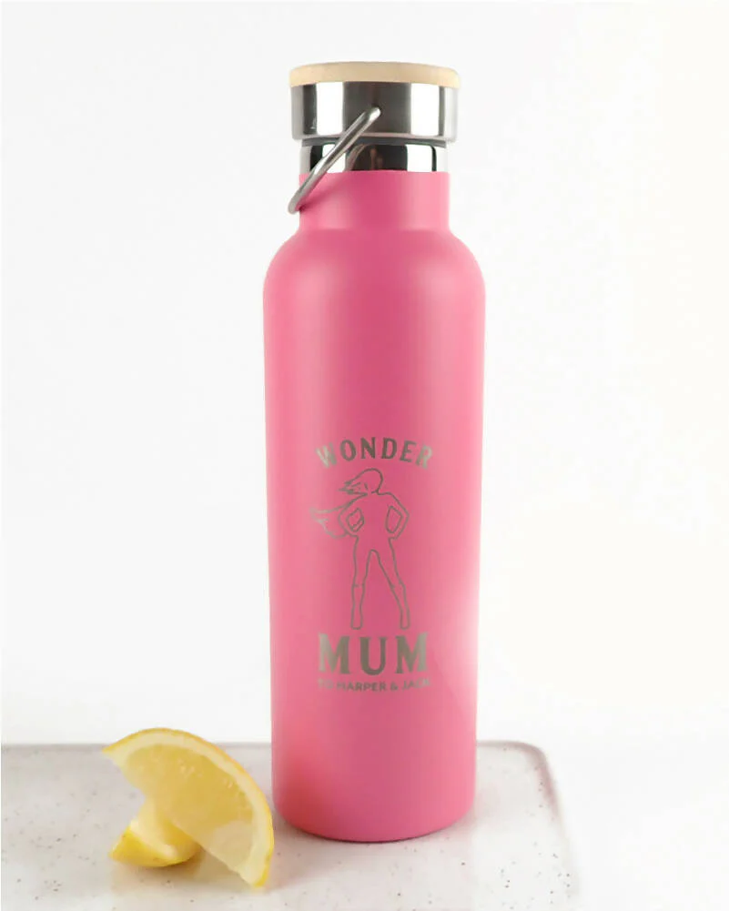 Wonder Mum Pink Personalised Engraved 650ml Wooden Lid Water Bottle - Image 2